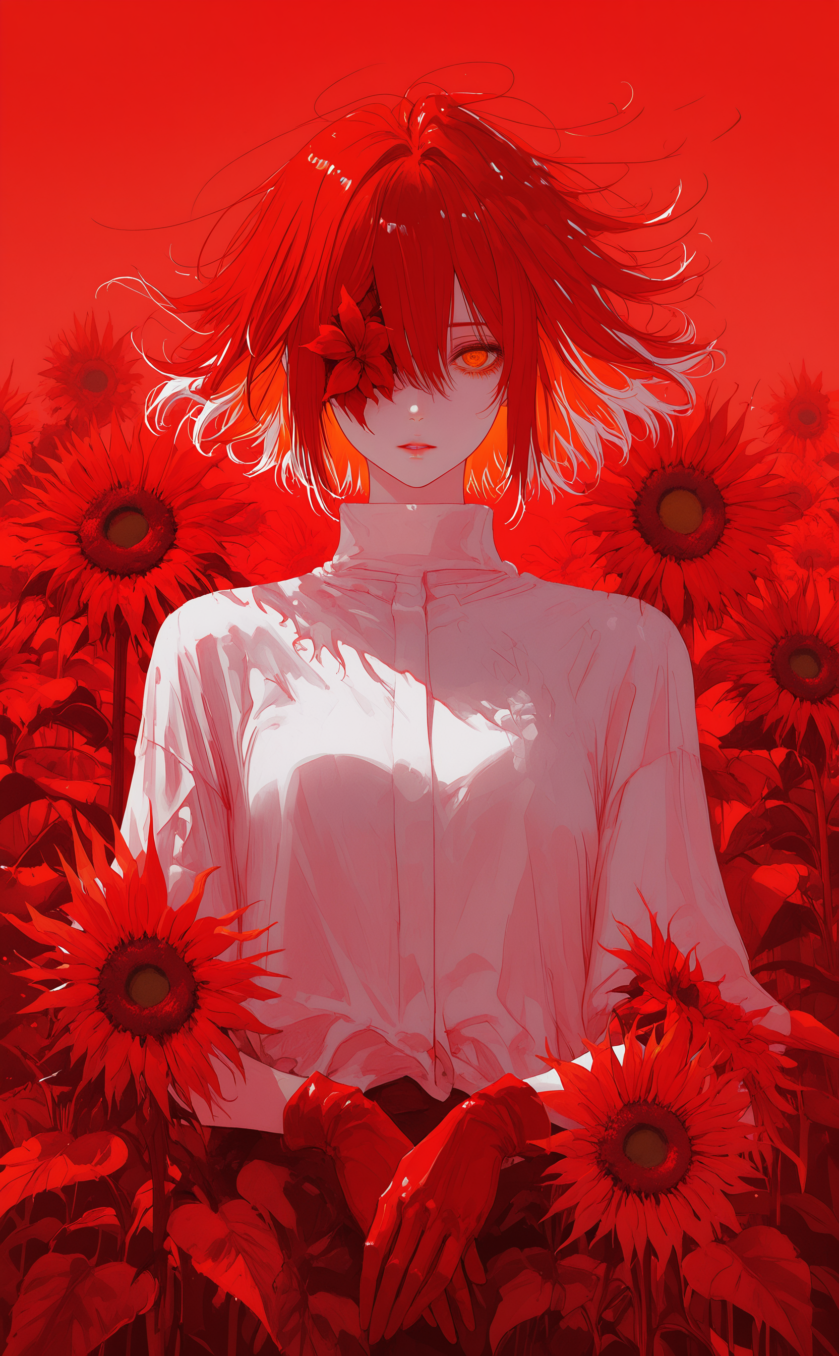 masterpiece, best quality, amazing quality, 1girl, solo, looking at viewer, short hair, shirt, hair between eyes, white shirt, upper body, white hair, flower, multicolored hair, red hair, parted lips, orange eyes, colored inner hair, red gloves, one eye covered, sunflower, straight-on, red theme,wind, nhl-001, limited palette, realistic,painterly, <lora:noobai_ep11_stabilizer_v0.138_fp16:0.3> <lora:NOOB_vp1_detailer_by_volnovik_v1:0.3> <lora:FreakyFreak:0.8> <lora:nhl-002-nai:0.7> <lora:XXX667:0.6> <lora:nhl-001-20:0.8>