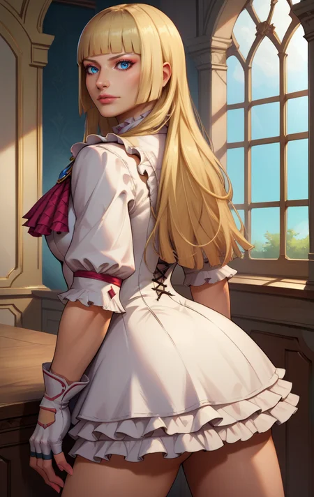 score_9, score_8_up, score_7_up, BREAK, <lora:emilie:1> emiliederochefortSDXL, 1girl, solo, long hair, blue eyes, blonde hair, room background, gloves, white dress, frills, white gloves, fingerless gloves, white dress, lips, ascot, makeup, frilled dress, hime cut, realistic, cowboy shot, from behind