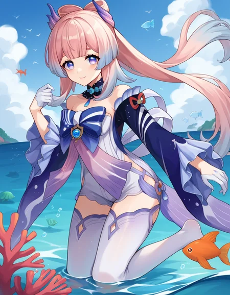 score_9, score_8_up, score_7_up, source_anime,
kokomisangonomiya, <lora:kokomi-sangonomiya-ponyxl-lora-nochekaiser:1>,
kokomi sangonomiya, long hair, bangs, hair ornament, purple eyes, pink hair, sidelocks, multicolored hair, blunt bangs, gradient hair, bow-shaped hair, smile,
thighhighs, gloves, long sleeves, bow, frills, detached sleeves, shorts, white gloves, wide sleeves, bowtie, white thighhighs, frilled sleeves, vision \(genshin impact\),
outdoors, ocean, sea, fish, dolphins, jellyfish, submerged, swimming, coral, coral reef,
looking at viewer, dynamic pose,