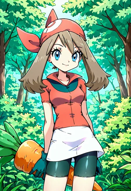 masterpiece, best quality, 1girl, solo, eyelashes, (beautiful eyes), may (pokemon), 1girl, bandana, bike shorts, red bandana, gloves, skirt garden, holding carrot, huge carrot, happy, about to eat, ,<lora:LittleMyMay_KarotConCarneIL:1.0>,