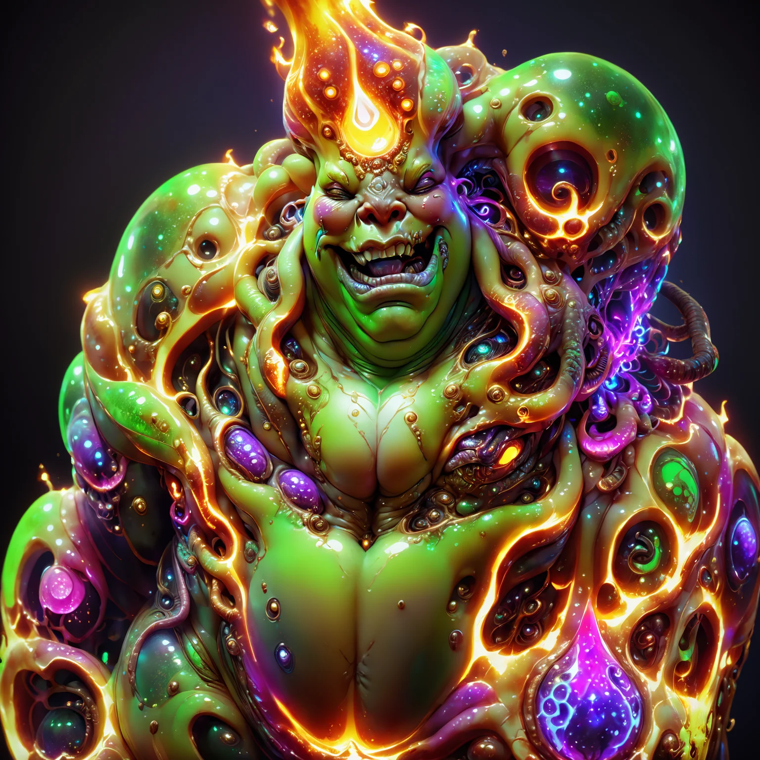 <lora:aiai-DiscoFire-XL1-v1-captions:0.75> aiai-DiscoFire style extremely detailed nurgle, obese body oozing slime, decay, toxic sludge, corruption, green neon color with pink and purple highlights, warhammer chaos deity, character design by jack davis and hr giger, unique and immersive vibe, internal illumination, hyperrealism, lucid, high quality, 8K Ultra HD, masterpiece, best quality