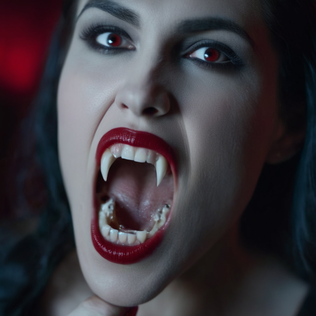 cinematic film still of  <lora:vampire fangs teeth 2:1.2>
Female Vampire a vampire woman is opening her mouth and biting something with Vampire Fangs Teeth, shallow depth of field, vignette, highly detailed, high budget, bokeh, cinemascope, moody, epic, gorgeous, film grain, grainy