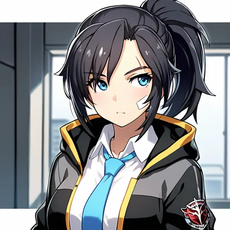 <lora:jinsepatus_IXL:0.7> 1girl,jinsepatsu,black hair,scar,bandaid on face, ponytail, front view,white shirt,blue necktie, jinclassicoutfit,black jacket
,best quality,masterpiece