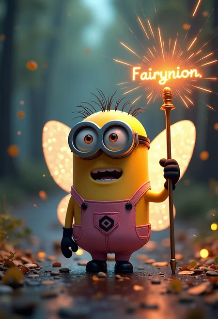 a cute little minion with fairy wings and a sparkling fairy staff , masterpiece,(holding up a sign with the word "Fairynion") ,epic background, positive emotional,