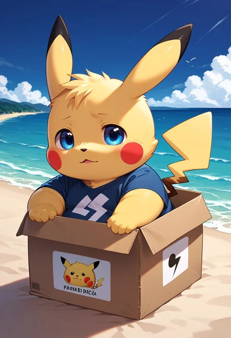 score_9, score_8_up, score_7_up, anthro, male, pikachu, chubby, detailed background, dark blue shirt, blue eyes, sleepy, outdoor, b0xe,in box,chibi,cardboard box, beach, night, ocean, zPDXL3