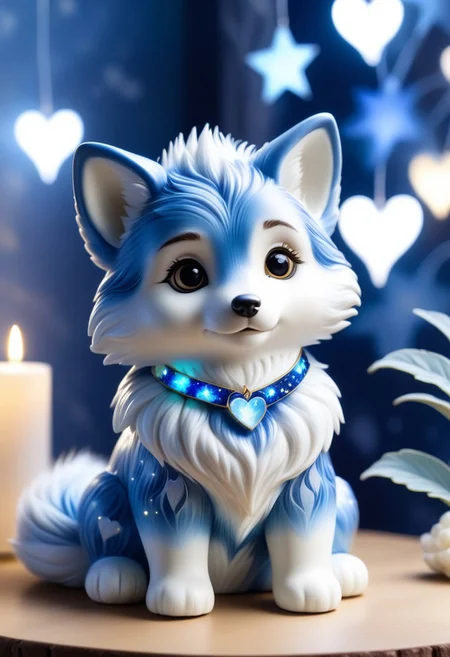1 baby wulf made of Bluepatternporcelain being playful, wearing a choker made of Aura Quartz in different colours, different fur, super cute,, The Wulf is sitting on a Couch,lluminated by the ethereal glow of soft lightning, the light is reflecting shadows on the cute animal, for the viewer, it appears alive, as if a glimpse of its inner sparkle is possible, star sky, peacful and grateful atmosphere, painted hearts, magical atmosphere, close up(((cuteness overload))