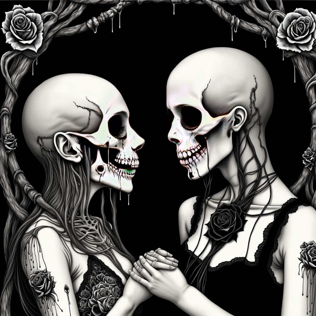 japanese line art , two woman intertwined on a bed, skull patterns, roses, linen , (bloody face, dripping blood:1.2) , dripping blood, skeletal figures, gore, (aged black background:1.2) , weathered canvas and brushstroke , (intricate eyeball pattern background:1) , , bad quality , low res, , in the style of takato yamamoto, unfinished, ugly, <lora:takma2:1.2>