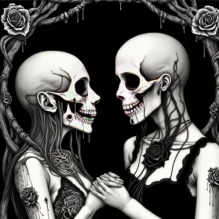 japanese line art , two woman intertwined on a bed, skull patterns, roses, linen , (bloody face, dripping blood:1.2) , dripping blood, skeletal figures, gore, (aged black background:1.2) , weathered canvas and brushstroke , (intricate eyeball pattern background:1) , , bad quality , low res, , in the style of takato yamamoto, unfinished, ugly, <lora:takma2:1.2>