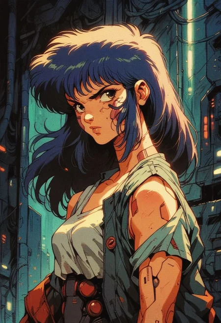 score_9, score_8_up, score_7_up, knva, halftone effect, retro artstyle, 1girl, solo, cyberpunk,