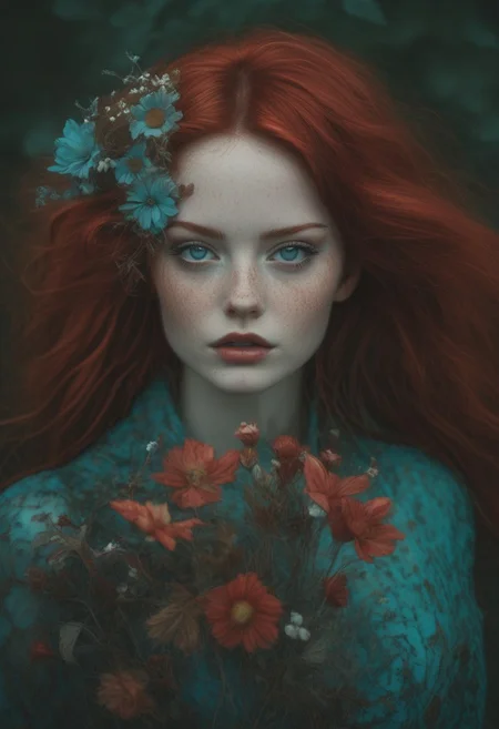 This is a highly detailed, surreal digital photograph featuring a young woman with striking features. She has pale white skin, striking blue eyes, and strikingly red hair styled in a loose, flowing manner. Her face is adorned with a scattering of freckles across her cheeks and nose. She wears a teal dress with intricate, stylized floral patterns, which is partially obscured by the lush, autumnal foliage that surrounds her. in the style of canon eos 5d mark iv, realism with surrealistic elements, dark cyan and red, wild and daring, contest winner, light gray and gold