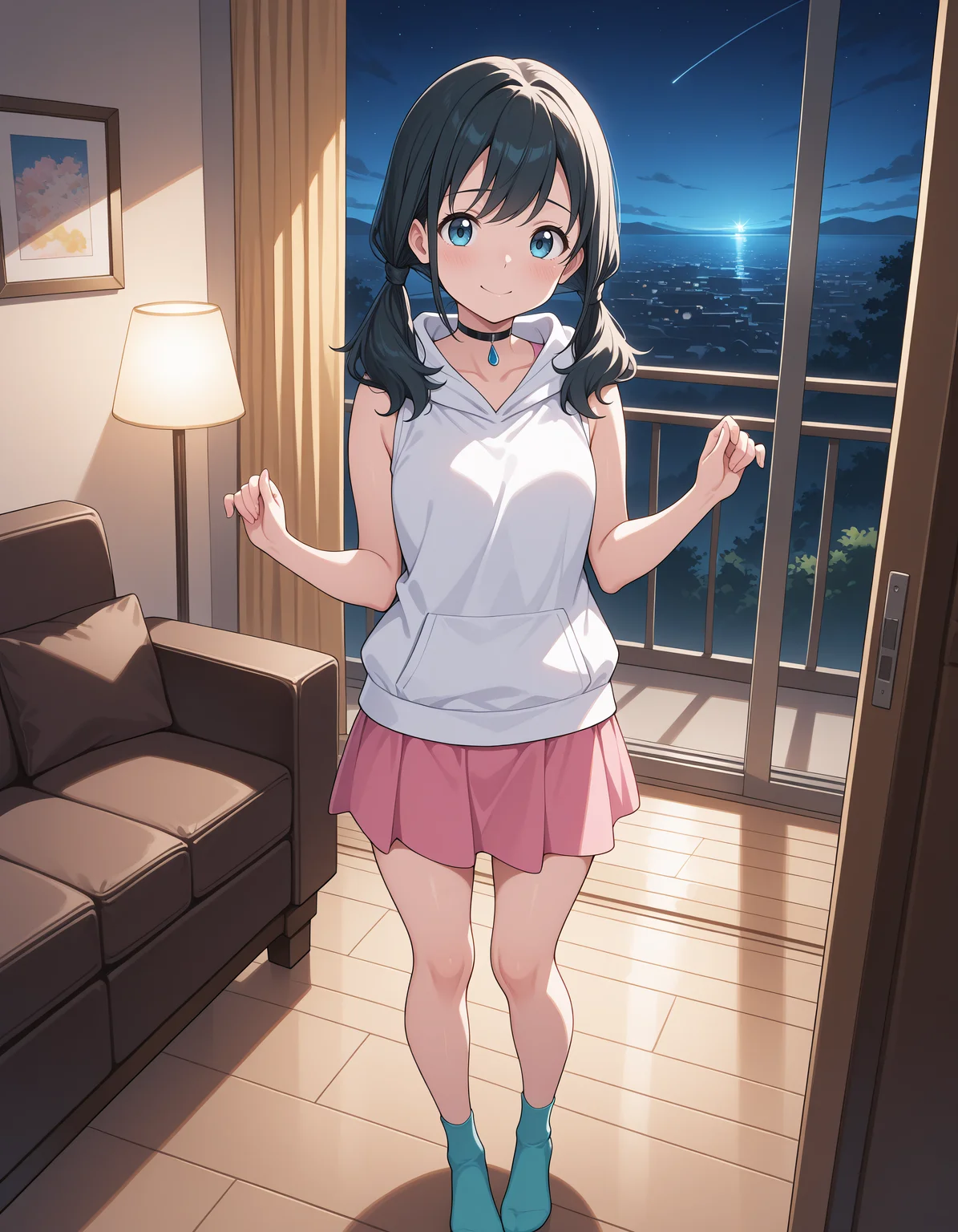 (masterpiece,best quality:1.2),amazing quality,very aesthetic,absurdres,newest,
1girl, solo, hina_amano_\(weathering_with_you\), black hair, medium hair, low twintails, blue eyes, black choker, white sleeveless hoodie, pink sleeveless shirt, pink skirt, aqua ankle socks,
standing, shy pose, looking at viewer, smile, indoors, (living room:1.1), (night:1.1),
<lora:hina_amano_illustrious:1>