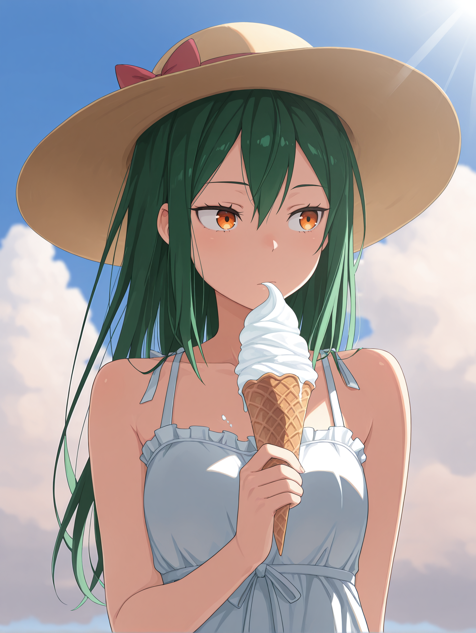 <lora:Crusch Karsten Illu:1>1girl, solo,
cruschk4rsten,  orange eyes, green hair, hair down, hair bow,
standing, upper body, sundress, sleeveless, holding ice cream, looking to the side, sunhat,
sunny, depth of field, sky, warm, sunrays, clouds, masterpiece, best quality, amazing quality