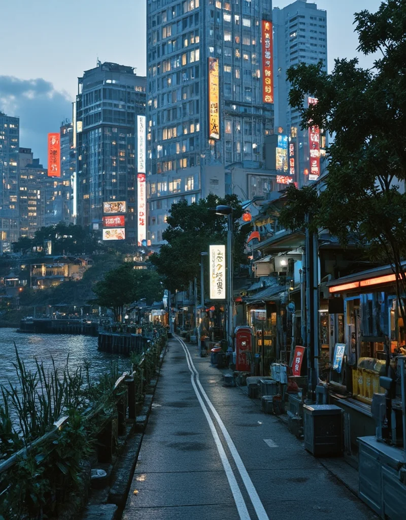 <lora:citybkgv2:1> citybkg, cyberpunk, evening, sun shades, very detailed, very narrow walkway, river, shore; futuristic, ground view, high buildings in the background, billboard on trees, signs, shop, kanji, illuminated, neon street marking, city lights, houses, vegetation,