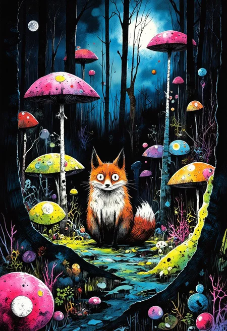 cr3z1h0rr0r ppstorybook,  eerie, horror, highly detailed scenic photograph. highly detailed, 8K, award winning illustration haunting ,landscape, Eerie Landscape, ppstorybook masterpiece object photography of fox in a magical twilight forest filled with glowing mushrooms and soft, surreal lighting. The fox, quite cartoon yet realistic, maintaining vibrant colors and smooth shading. the fox has big expressive eyes that shine with an auralora aura with a bright, intricate, freezing glow. The forest includes tall trees, glowing purple and green mushrooms scattered across the forest floor, and an ethereal twilight sky in shades of deep blue, teal, and violet. The art style is vibrant, clean, and polished, consistent with a whimsical storybook illustration, with detailed lighting, playful energy, and magical, trippy ambiance