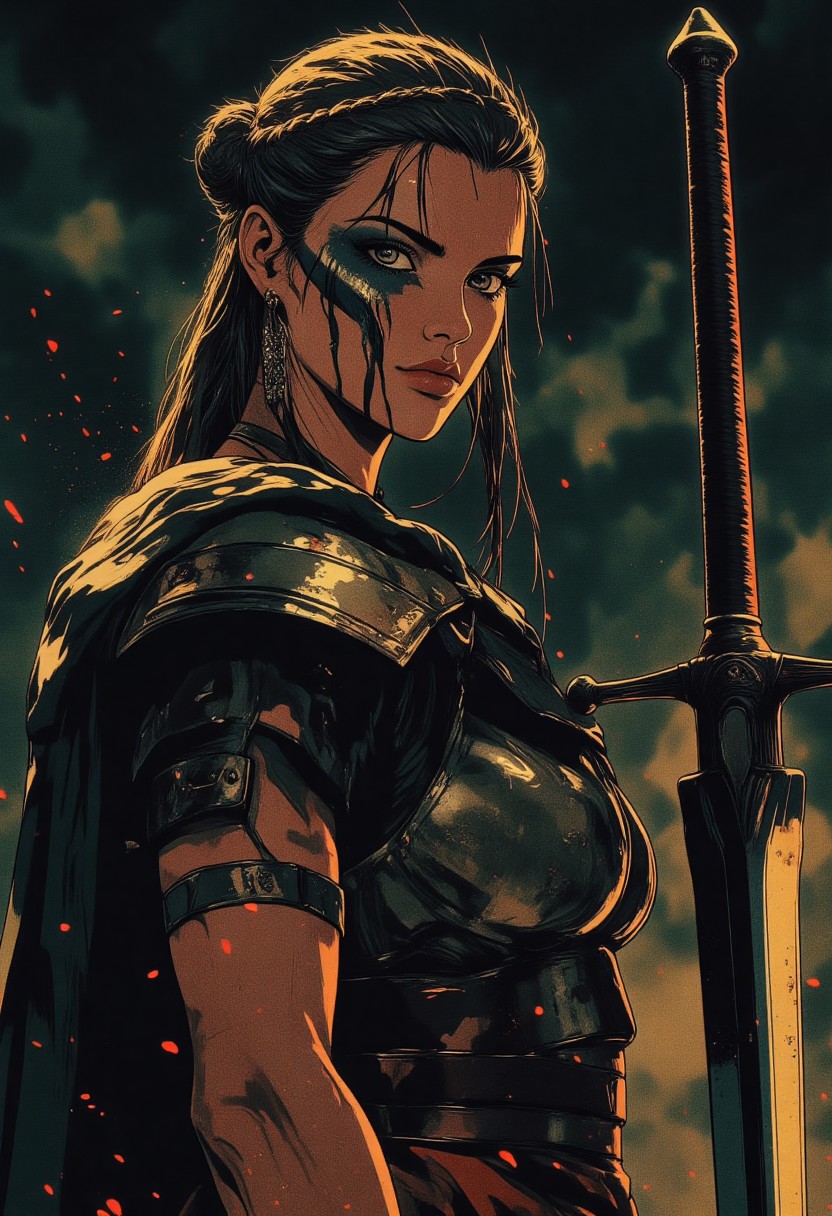 Female Roman soldier, Revenant, war paint, face paint, eye black, glowing eyes, glancing at viewer, in profile, toned arms, braided hair, battle damaged armor, large breasts, breast plate, dark and moody background, adds a dramatic tone, subtle lighting reflections, ray traced, foreshortening, particle effect, Holding a sword,