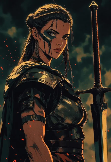 Female Roman soldier, Revenant, war paint, face paint, eye black, glowing eyes, glancing at viewer, in profile, toned arms, braided hair, battle damaged armor, large breasts, breast plate, dark and moody background, adds a dramatic tone, subtle lighting reflections, ray traced, foreshortening, particle effect, Holding a sword,