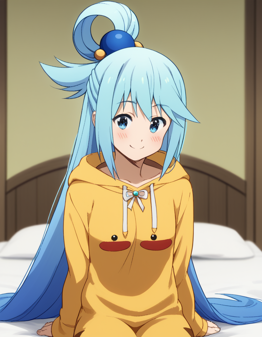 score_9, score_8_up, score_7_up, source_anime, konosubaaqua, <lora:konosuba-aqua-s2-ponyxl-lora-nochekaiser:1>, aqua (konosuba), long hair, blue eyes, hair ornament, very long hair, blue hair, hair rings, single hair ring, hair bobbles,, <lora:pikachu-cosplay-ponyxl-lora-nochekaiser:1>, pikachucosplay, pikachu \(pikachu\), character print, hood, hoodie, yellow hoodie,, bed, bed room, smile, blush, wariza, sitting,, cowboy shot, dutch angle, solo,