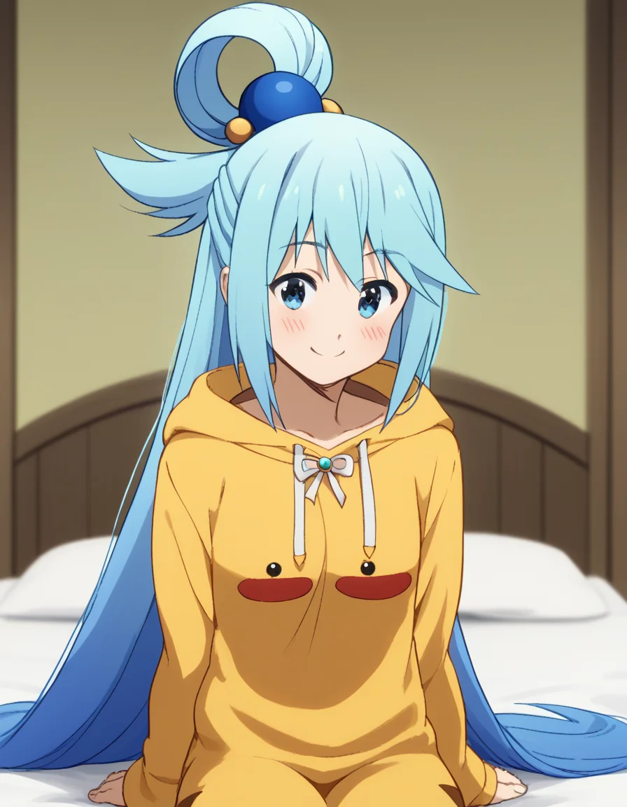 score_9, score_8_up, score_7_up, source_anime, konosubaaqua, <lora:konosuba-aqua-s2-ponyxl-lora-nochekaiser:1>, aqua (konosuba), long hair, blue eyes, hair ornament, very long hair, blue hair, hair rings, single hair ring, hair bobbles,, <lora:pikachu-cosplay-ponyxl-lora-nochekaiser:1>, pikachucosplay, pikachu \(pikachu\), character print, hood, hoodie, yellow hoodie,, bed, bed room, smile, blush, wariza, sitting,, cowboy shot, dutch angle, solo,