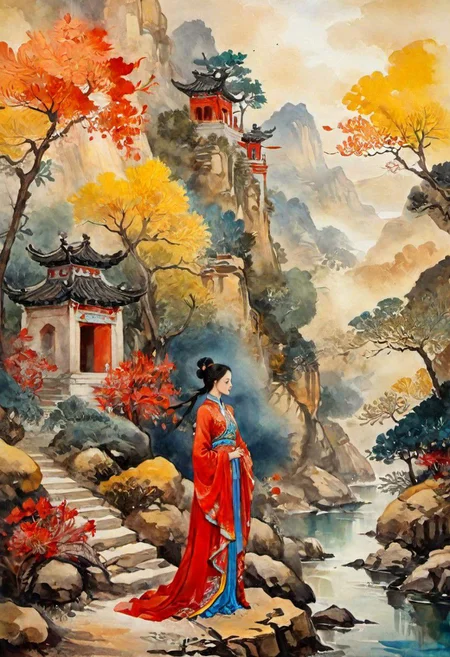 tj, cangyunshan, landscape, chinese ink painting, oil painting, Beautiful Chinese girl,
Oil Painting, Renaissance Paintings, watercolor painting, concept art, painterly, surreal painting,
((beautiful, painterly, detailed, textural, artistic)), (digital artwork, illustrative, illustration), (((intricate details, highly detailed, ultra-detailed))), (absurdres:1.5), (unreal engine, octane rendering, Anti-Aliasing, sharp focus, natural lighting, high saturation, high contrast, vivid, vibrant, studio lighting, best texture quality), beautiful detailed scenery,