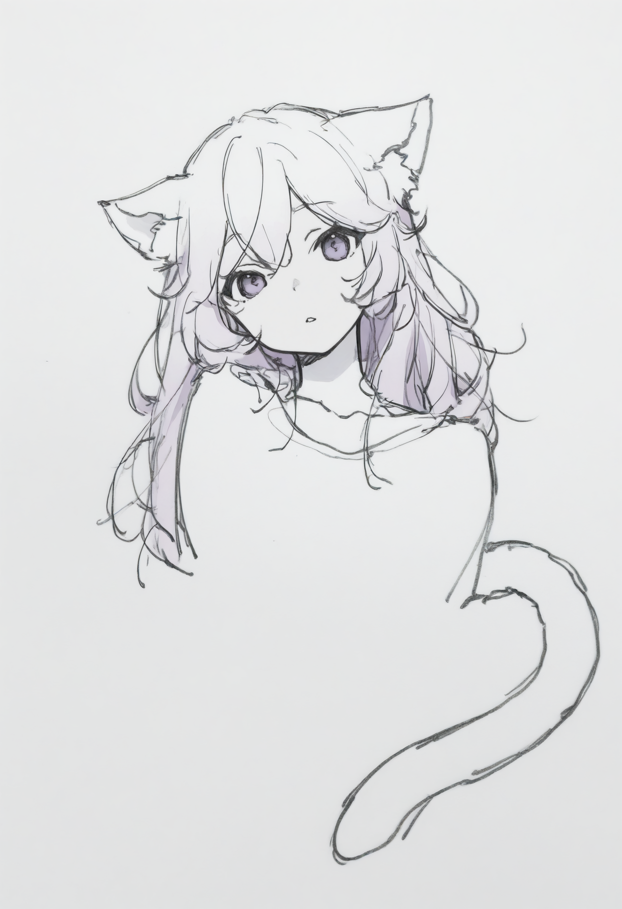 masterpiece, best quality, 1girl, solo, Ny4nners, purple eyes, pink hair, long hair, cat ears, cat tail, simple background, cropped torso, parted lips, head tilt, looking at viewer, greyscale, monochrome, lineart, sketch, graphite \(medium\), traditional media, <lora:ChamNyatashaNyannersNoob:1>