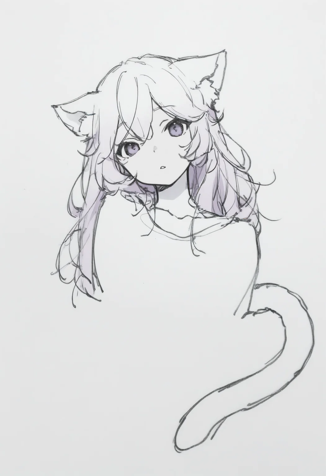 masterpiece, best quality, 1girl, solo, Ny4nners, purple eyes, pink hair, long hair, cat ears, cat tail, simple background, cropped torso, parted lips, head tilt, looking at viewer, greyscale, monochrome, lineart, sketch, graphite \(medium\), traditional media, <lora:ChamNyatashaNyannersNoob:1>