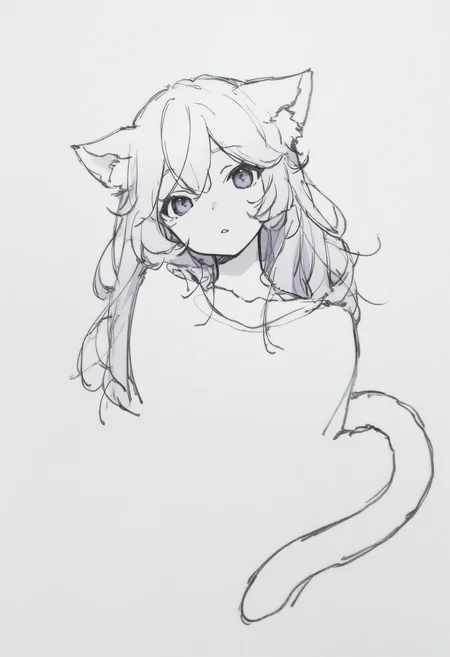 masterpiece, best quality, 1girl, solo, Ny4nners, purple eyes, pink hair, long hair, cat ears, cat tail, simple background, cropped torso, parted lips, head tilt, looking at viewer, greyscale, monochrome, lineart, sketch, graphite \(medium\), traditional media, <lora:ChamNyatashaNyannersNoob:1>