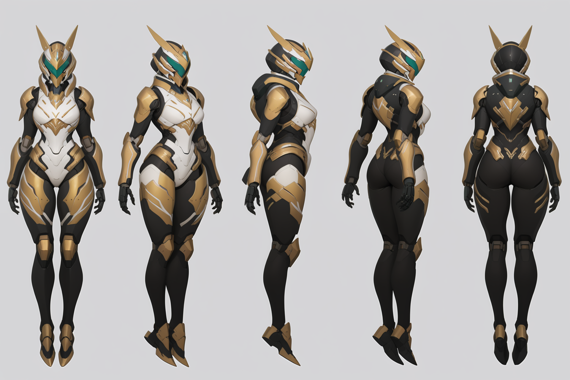 (GENERAL:0), mecha, robot, masterpiece, best quality, very aesthetic, absurdres, solo, standing,
(VIEWS:0),  full body character turnaround of mecha,
Multiple views of the same mecha,  (simple background, white background:1.2), multiple views, side view, back view, front view, 
sunglasses, goggles,
mask, helmet,
Butterfly \(insect\)ï¼
warframe,
plate armor, power suit, alien,
android, cybersuit, upper armor, mechanical arms, machinery, prosthesis,
(bodyshape:0), Rectangle or straight body type body,
(clothing:0), (korean girl style/dayilylook2:0.6), 
(gold  
Gothic  theme character design:1.1),
 <lora:MechTurnXLRemix_v1:.75>
 <lora:MechTurnXL_v1:.25>
<lora:ClothTurnXLRemix_v1-000004:.25>
 <lora:ClothTurnXL_v1-000004:0.25> 
<lora:CharTurnXL_v2:0.25>
 <lora:xl_more_art-full_v1:.25>,
 <lora:Alphonse Mucha Style:.1>, Alphonse Mucha Style page
 <lora:å½é£æç»SDXL:.1>
