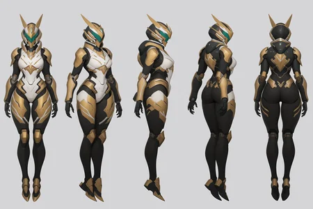 (GENERAL:0), mecha, robot, masterpiece, best quality, very aesthetic, absurdres, solo, standing,
(VIEWS:0),  full body character turnaround of mecha,
Multiple views of the same mecha,  (simple background, white background:1.2), multiple views, side view, back view, front view, 
sunglasses, goggles,
mask, helmet,
Butterfly \(insect\)ï¼
warframe,
plate armor, power suit, alien,
android, cybersuit, upper armor, mechanical arms, machinery, prosthesis,
(bodyshape:0), Rectangle or straight body type body,
(clothing:0), (korean girl style/dayilylook2:0.6), 
(gold  
Gothic  theme character design:1.1),
 <lora:MechTurnXLRemix_v1:.75>
 <lora:MechTurnXL_v1:.25>
<lora:ClothTurnXLRemix_v1-000004:.25>
 <lora:ClothTurnXL_v1-000004:0.25> 
<lora:CharTurnXL_v2:0.25>
 <lora:xl_more_art-full_v1:.25>,
 <lora:Alphonse Mucha Style:.1>, Alphonse Mucha Style page
 <lora:å½é£æç»SDXL:.1>