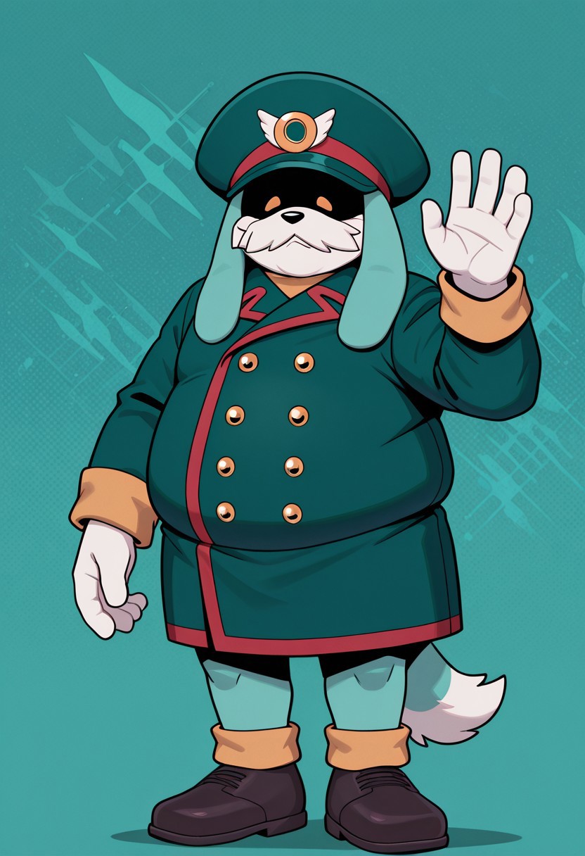 masterpiece, best quality, amazing quality, high detail, absurdres, male, solo, fat male, furry, Conductor. shaded eyes, hat, tail, hat, jacket, buttons, uniform, aqua tiled  background
