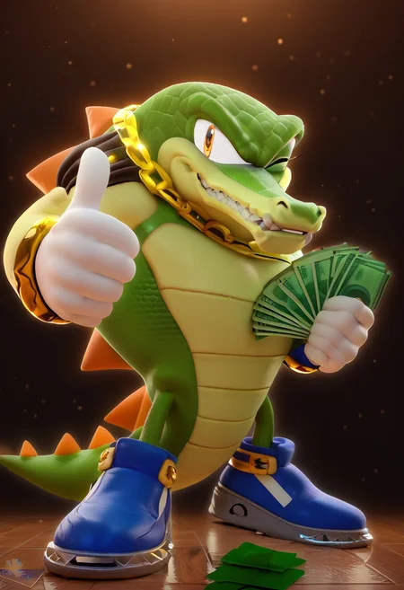 score_9, score_8_up, score_7_up, depth of field, ambient occlusion, bokeh, cel shading, black illustration lines, cinematic lighting, Expressiveh, hoovesart, shoes, gloves, Source:Sonic the Hedgehog, solo, male, Vector the crocodile, looking at viewer, gold chain, thumbs up, one eye closed, grin, smile, money, holding money, portrait, cropped torso, gangstersb,