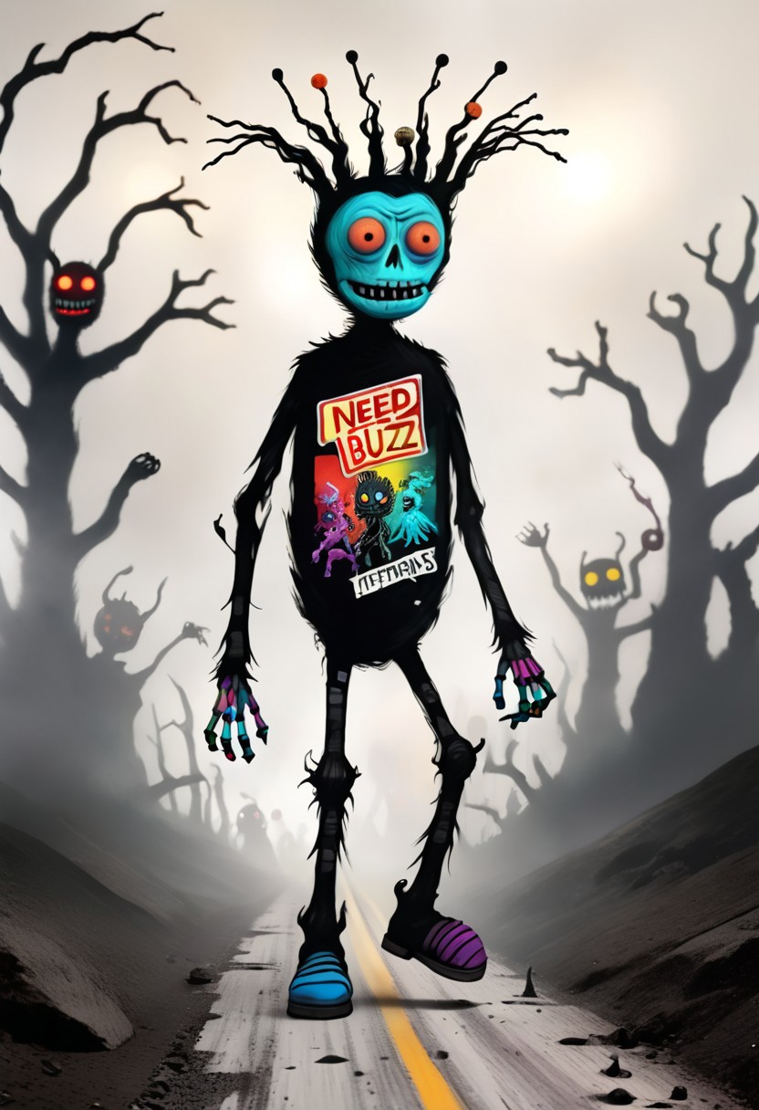 colorful, creepy drawing, simple illustration, childlike illustration. creepy, scary, wonderful creatures, World Morph Felt, 
a vast, endless cyber-highway of broken neon billboards and flickering browser tabs, the asphalt pixelated and shifting with corruption, Bionicle Sean marches forward, his massive metal boots leaving behind distorted footprints in the digital dust, ((need_buzz)), holding sign that reads "I need buzz!", his cybernetic half-face glitching between identities, his elongated limbs jittering like a buffering video, he takes a deep pull from his modem vape, releasing a fog of nostalgic internet fragments, pop-up ads and lost Napster downloads swirling around him, the distant hum of a dial-up connection struggling to connect as he wanders toward the fading edge of cyberspace
in the style of the decaying empire of Wurstreich, dark magic and grotesque creatures abound, inspired by Sean Aaberg's punk aesthetic, dark fantasy world combines grim landscapes with vibrant, exaggerated colorful art, heroes skirmish monstrous foes in a setting where rebellion, decay, and mysticism intertwine, crafting a unique, immersive vibe
, the scene is captured in dimly lit dark fantasy but vibrant colors, with bold ink lines defining form against the watercolor wash of the aged paper