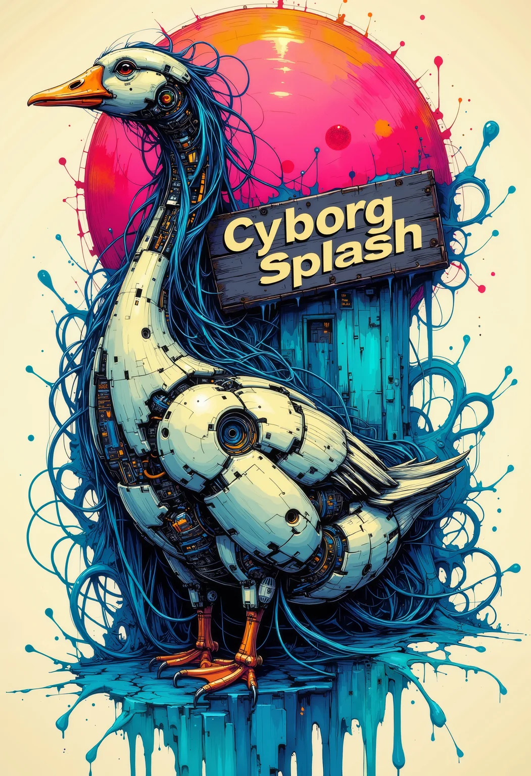 A fantastic art splash in the style bo-cyborgsplash, a cyberpunk goose, under one a sign, with a lettering text: "Cyborg Splash Abyss".<lora:boFLUX Cyborgsplash.safetensors:1.0:1.0>