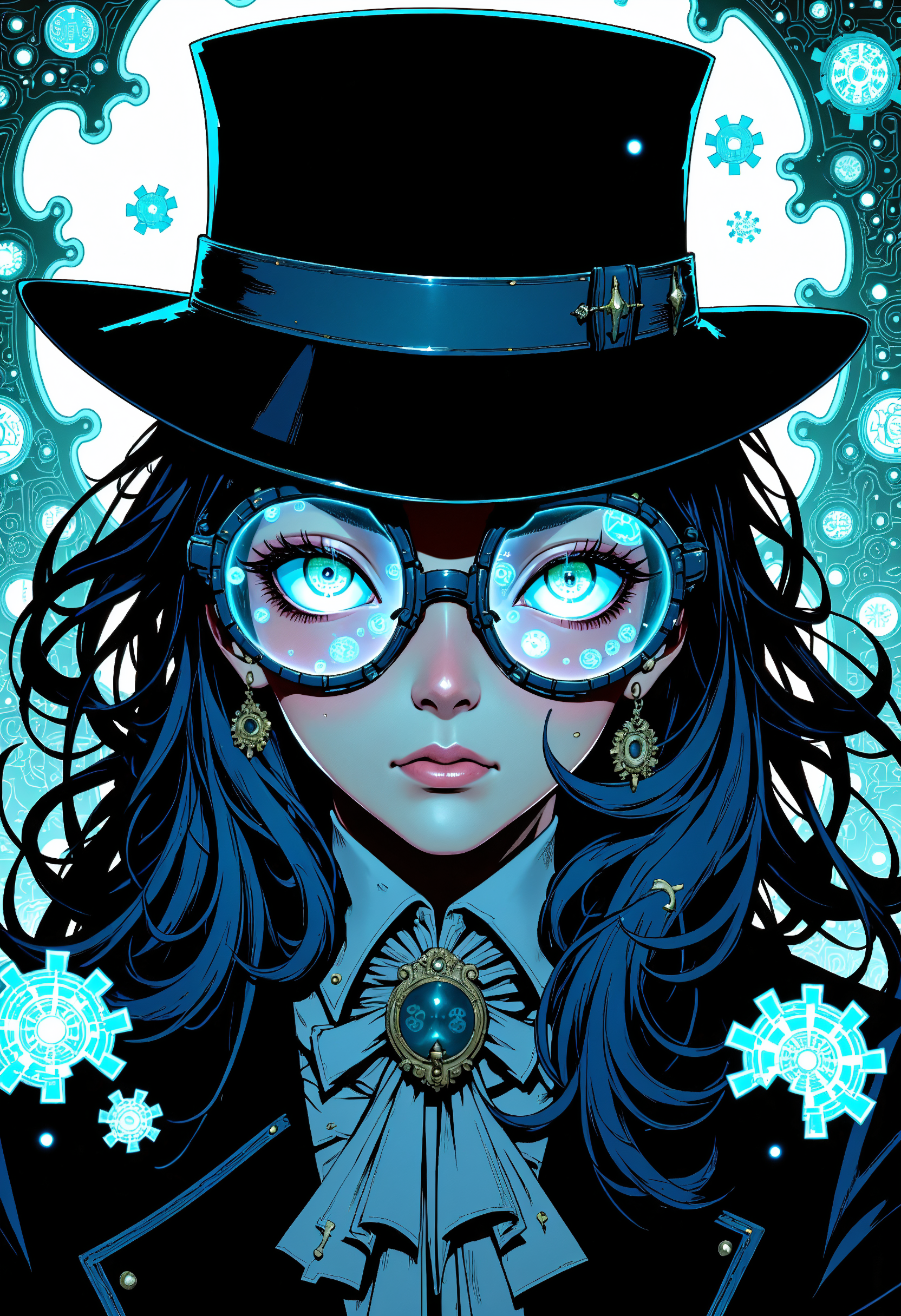 masterpiece, high-quality, A Victorian detective with sharp calculating eyes under a top hat, Behind her floating magnifying glasses and spectral puzzle pieces fit together in an intricate design, (Style is mystery manga with precise line art:1.1), moody lighting, (elaborate fine details:1.1), (hyperdetailed:1.1), (intricate details:1.0), (Refined details:1.1), (best quality:1.1), (high resolution:1.2),    ,