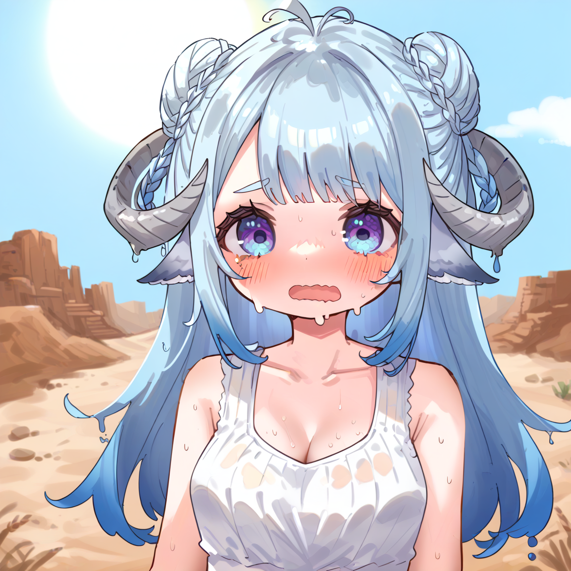 score_9_up, score_8_up, score_7_up, score_6_up, 1girl, MinaiAruma, cowboy shot, (tired:1.1), (open mouth:0.7), wavy mouth, outdoors, intense sun, dripping, (m3lt:1.2), melting, heat, sweat, sunny, flushed, collapsed, cleavage, white singlet, alternate costume, hot, (chibi:0.2), closeup, portrait, blue sky, sun, blue long hair, grey horn, (double bun:0.7), desert, 
<lora:MinaiArumaXL_autismmixPony:1>, <lora:Melting:1>, masterpiece, newest, absurdres