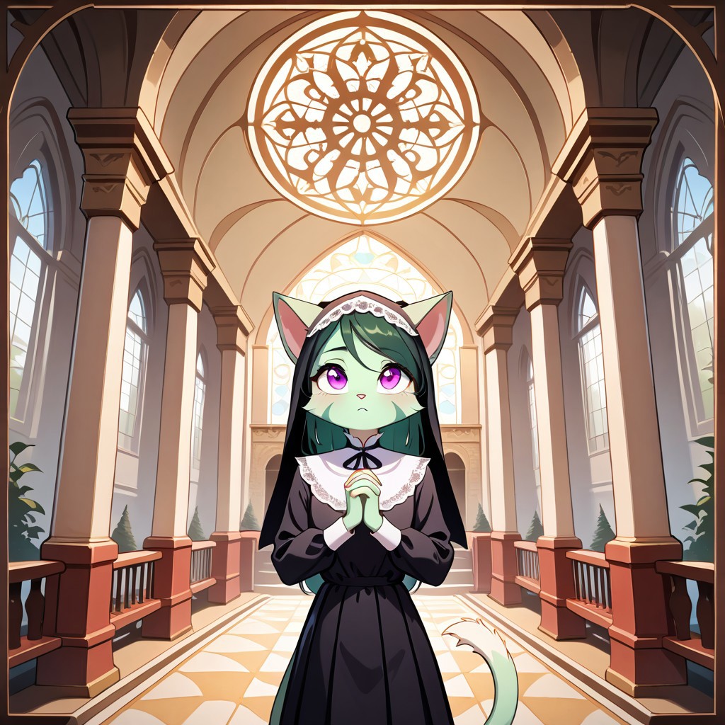 L1l1th_Ca1a4,1girl,solo,furry,furry female,cat girl,long hair,green hair,cat ears,purple eyes,snout,animal nose,body fur,two-tone fur,green fur,white fur,cat tail,
vermis style, Expressiveh, 
BREAK
black veil, lace-trimmed veil, puritan collar, lace-trimmed collar, black neck ribbon, long sleeves, pleated black habit, looking up, praying, own hands together, interlocked fingers, walking, Romanesque architecture, columns, arcade (architecture), bustling town, crowds
BREAK
intricate pattern, rose motif, medieval decoration, outside border, masterpiece, best quality, very aesthetic, absurdres, amazing quality, newest, dynamic background, medieval, renaissance, detailed background