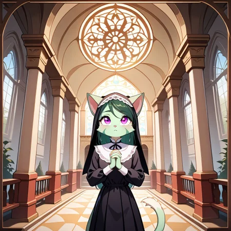 L1l1th_Ca1a4,1girl,solo,furry,furry female,cat girl,long hair,green hair,cat ears,purple eyes,snout,animal nose,body fur,two-tone fur,green fur,white fur,cat tail,
vermis style, Expressiveh, 
BREAK
black veil, lace-trimmed veil, puritan collar, lace-trimmed collar, black neck ribbon, long sleeves, pleated black habit, looking up, praying, own hands together, interlocked fingers, walking, Romanesque architecture, columns, arcade (architecture), bustling town, crowds
BREAK
intricate pattern, rose motif, medieval decoration, outside border, masterpiece, best quality, very aesthetic, absurdres, amazing quality, newest, dynamic background, medieval, renaissance, detailed background