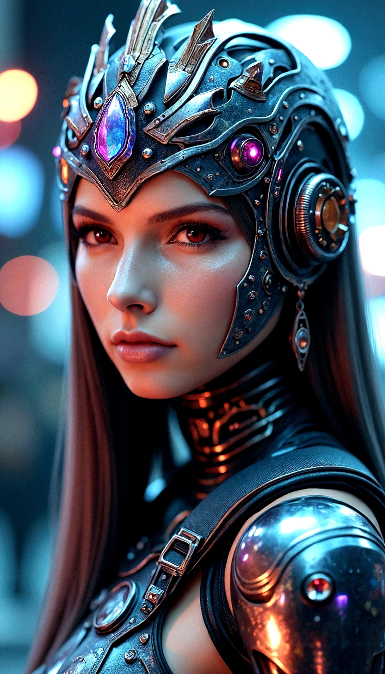 A photorealistic 3/4 portrait of a regal biomechanical woman, her head adorned with a metallic crown-like apparatus, glowing with intricate lights in shades of blue, purple, and gold. Her long, flowing hair gleams with an iridescent sheen, framing her symmetrical face with subtle highlights. The lighting is a balance of soft, diffused neon and darker shadows, accentuating the reflective textures of her armor, which is engraved with ornate futuristic designs. Her environment feels otherworldly, with blurred holographic lights creating a dynamic yet surreal ambiance.
 <lora:Tifa_on_Flux:0.75> <lora:realism_lora_comfy_flux_converted:0.5>
