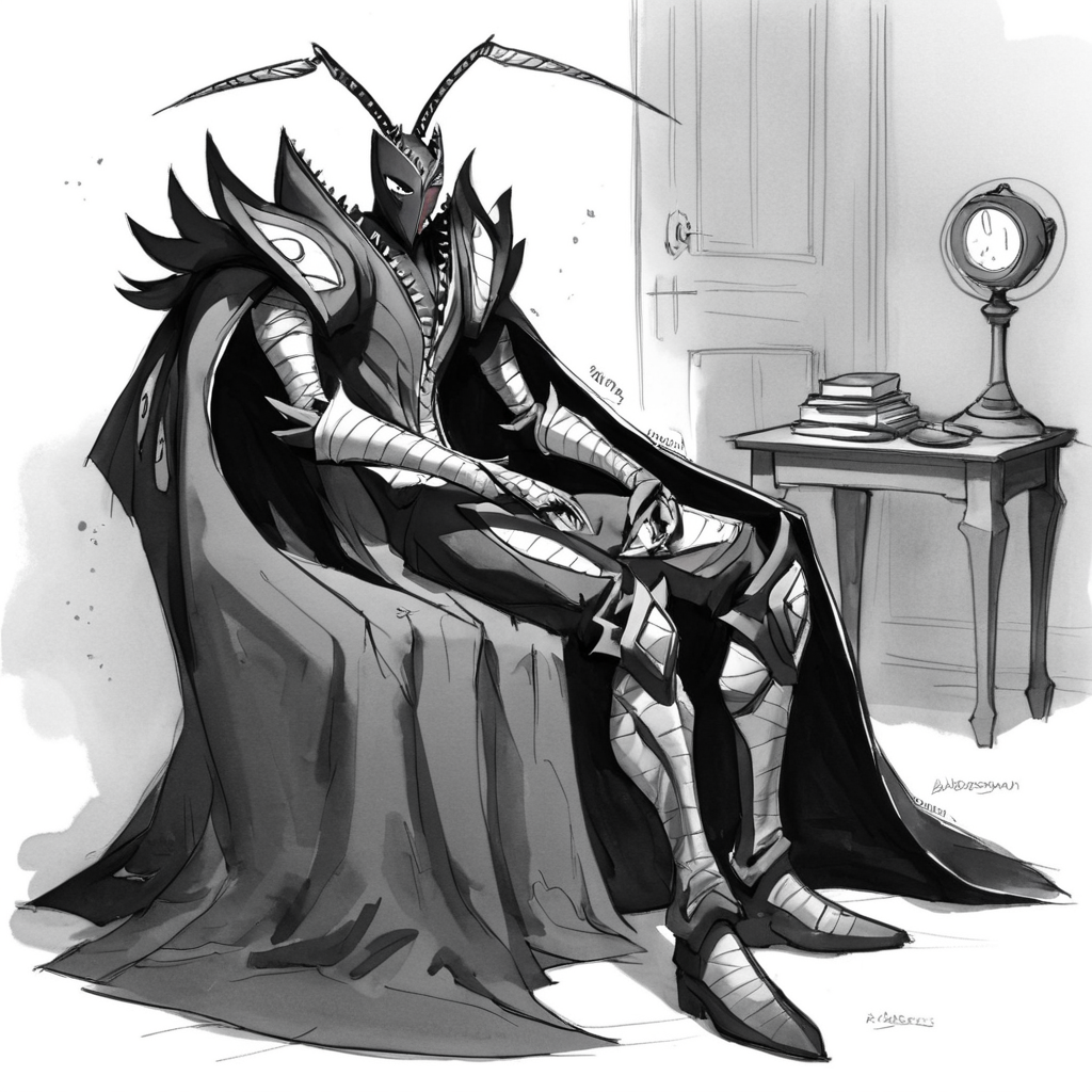 sfw, masterpiece, best quality,absurderes, <lora:AbbadomonCoreXL:1>,1boy,solo,abbadomon core,cape,antenna, traditional media,graphite sketch,sitting,chair,indoors,living room,sleeping,eyes closed