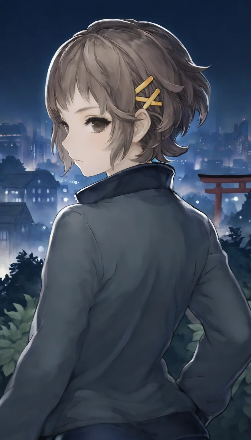 masterpiece,best quality,amazing quality,
<lora:natsunominamiNAI:1>,natsunominami,
1girl,solo,brown hair,short hair,bangs,brown eyes,yellow hairpin,grey jacket,gym uniform,
portrait,back view,looking back,
outdoors,night,cityscape,shrine,torii,bush,