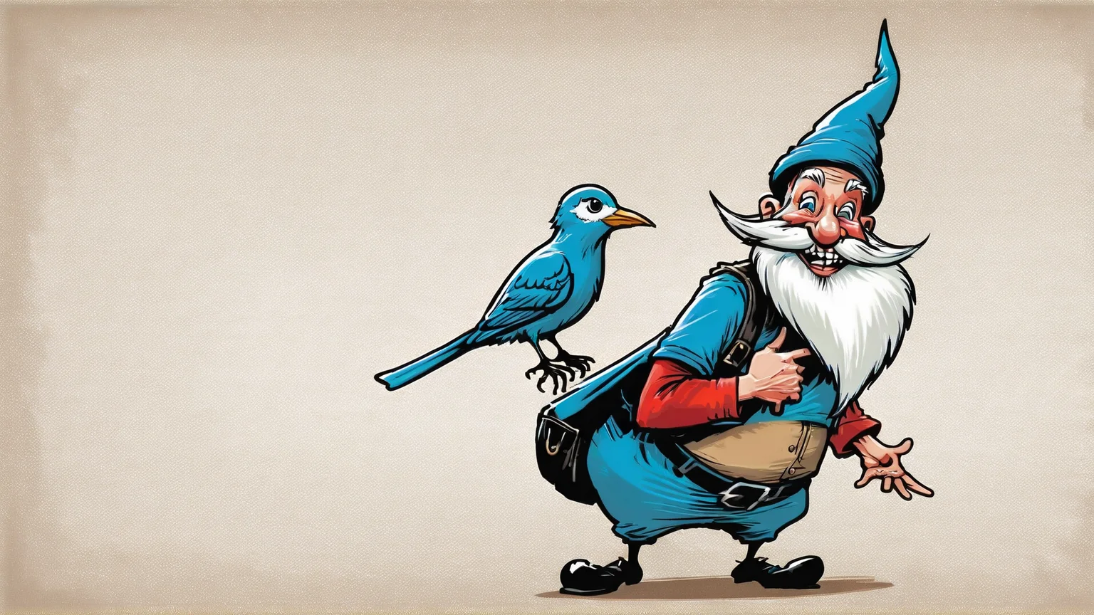 A caricature of a jolly gnome with a blue bird on his shoulder <lora:bBackground:1.3>