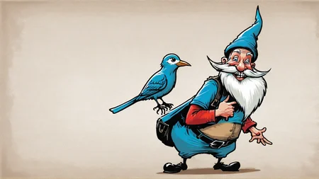 A caricature of a jolly gnome with a blue bird on his shoulder <lora:bBackground:1.3>