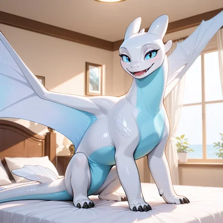 1girl, highres, absurdres, newest, masterpiece, best quality, furry, nubless_httyd, dragon, white scales, wings, tail, claws, 1girl, blue eyes, (feral, quadruped:1.3), detailed eyes, sitting, spread wings, open_mouth, luxurious detailed room, bright room, day scene, professional lighting, white bed, solo, furry_female, bedroom, smiling, seductive, looking_at_viewer, masterpiece, close up, safe