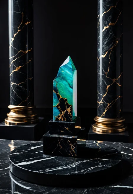 Fujifilm XT3, Sony A7 IV, (award winning photography) a (black: 0.89) marble hand made of opal (Kintsugi: 0.89) set on a pedestal in temple, glistening. in the background beautiful pillars, divine (iridescent: 0.79), opalescent textures, volumetric light, ethereal, sparkling, studio photo, highly detailed, sharp focus (highest quality: 1.39) (highest coherency: 1.39) (award winning photography), highly detailed photography, (muted colors, cinematic, dim colors, soothing tones:1.2), vibrant, insanely detailed, hyperdetailed, (dark shot:1.2), (vsco:0.3), (intricate details:0.9), (hdr, hyperdetailed:1.2) (vignette), sss, raw photo, fijifilm, kodak, cinematic film grain