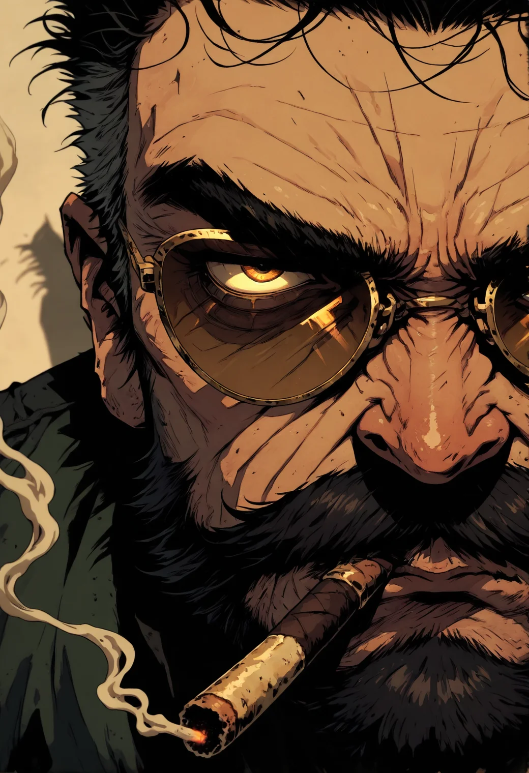 1male, masculin, mature ,mustache, dark hair, italian, smoking cigar, gold-trimmed shades, boxercut, face focus, close up,
angry, serious, shadow over eyes, enraged, hatred, confident, 
GOTAV1.0,  <lora:Gothic-Anime-V1.0_IL:1>,, masterpiece, best_quality, amazing_quality, very_aesthetic, 8k, high_quality, highres, absurdres, subject_focus,, detailed eyes, perfect eyes, realistic eyes,