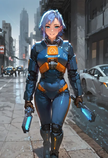 score_9,score_8_up,score_7_up,source_anime, 1girl, (((master piece:1.2))),(((best quality:1.2))),(((ultra detailed))),(((1girl))),(((intricate))),(((anime screencap))),(((very aesthetic:1.2))),((( Cité 17 background))),(((absudres:1.2))),(((embroidered))),(((scenery))),((extremely detailed CG)),(dynamic angle:1.4), woman in sci fi outfit standing on deserted street holding crowbar,
BREAK,
half life (series), (ami mizuno reimagined as a scientist in hev suit from half life 2),breasts, 1girl, blue_hair, blue_eyes, (dynamic pose:1.4), Cité 17 background, smile, solo, looking_at_viewer, detailled_background, blue short_hair, blush, boots, gloves, standing, cowboy_shot, hev armor style, holding a crowbar, weapon, solo focus, holding, outdoors, covered navel, hev suit bodysuit
BREAK;
(intricate details:1.12), (intricate details, hyperdetailed:1.15), hdr, dystopian sci-fi city, (at day:1.2), cinematic, half life aesthetic, science aesthetic, ominous background, bimbo atmosphere, lustful atmosphere, gray and pastel theme, city background, ground vehicle, motor vehicle, car, building, electric cable, camera,