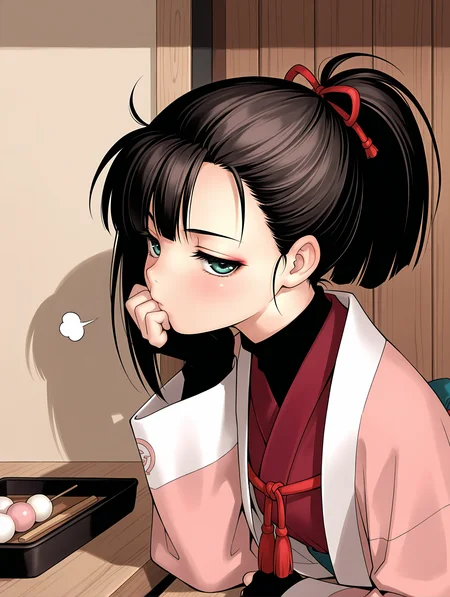 masterpiece,best quality,newest,1girl,solo,
<lora:yoshino_rinka_ilxl_v1.1:1>,
rinka,black hair,green eyes,r_clothes,fingerless gloves,<lora:Fixhands_anime_bdsqlsz_V1:1>,looking_at_viewer,white_background,simple_background,half-closed eyes,head rest,puff of air,profile,upper_body,face_focus,contempt,japanese style,teahouse,indoor,cafeteria,sand wall,dango,pointing at viewer,
