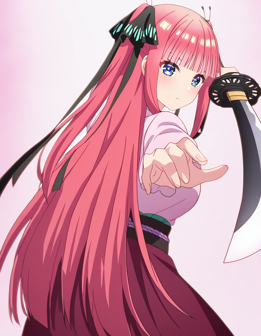 masterpiece, best quality, newest, absurdres, highres, safe,, <lora:nnakano-s2-ponyxl-lora-nochekaiser:1>, long hair, bangs, blue eyes, hair ornament, hair ribbon, pink hair, blunt bangs, two side up, butterfly hair ornament, large breasts, anime screencap, <lora:gatotsu-stance-illustriousxl-lora-nochekaiser:1>, gatotsu stance, weapon, sword, katana, holding weapon, holding, holding sword, foreshortening, japanese clothes, kimono, looking at viewer,, ,