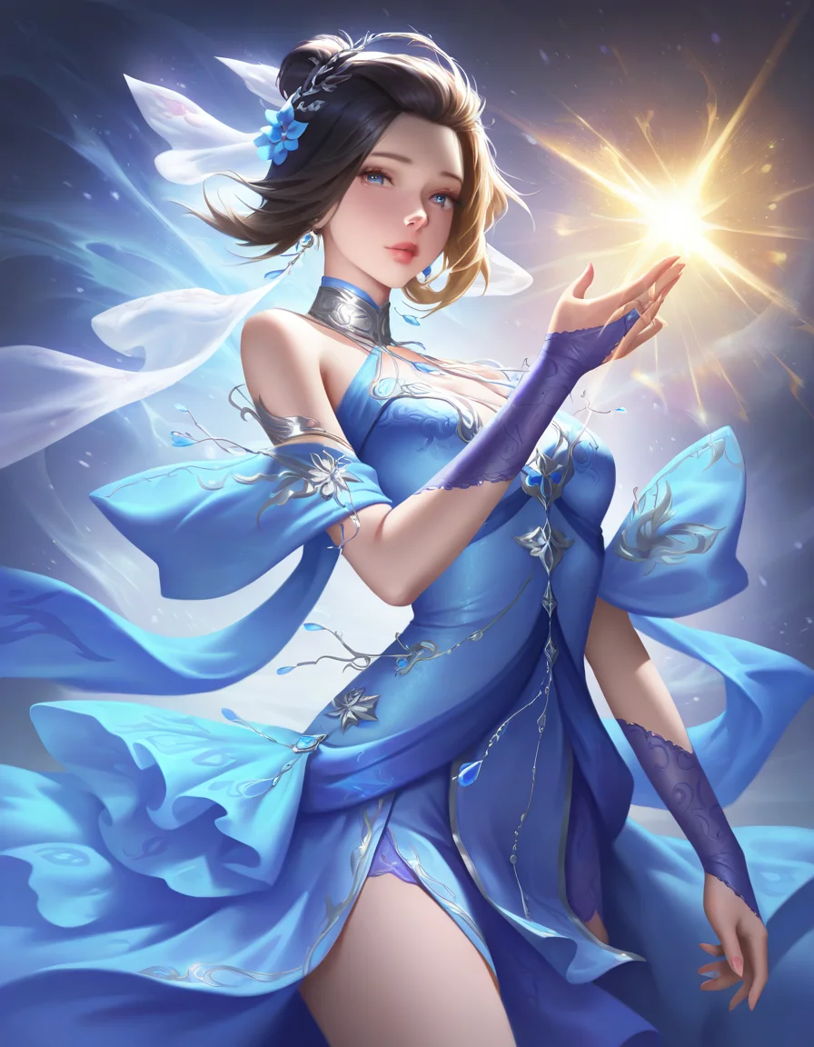 looking at viewer,solo,1girl,dingshangwan,simple background,white background,cowboy shot,blue dress,<lora:dingshangwan-000010:1>,, masterpiece, best quality, very aesthetic, absurdres,newest, incredibly absurdres,, ((((very awa)))),((golden light)),(diffuse reflection:1.3),{best quality, amazing quality, very aesthetic,absurdres,realistic,reverse light,golden light,},best quality,amazing quality,very aesthetic,absurdres