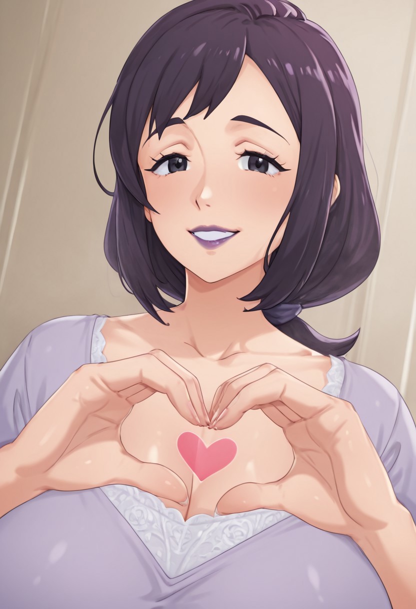 tianzhong_zhongtian, 1girl, solo, medium build, medium hair, sfw, safe for work, covered skin, flowy dress,  black eyes, purple lipgloss, smiling, portrait, upper body, heart hands, mature female, foreshortening, detailed, newest, shiny skin, cowboy angle, solo focus,