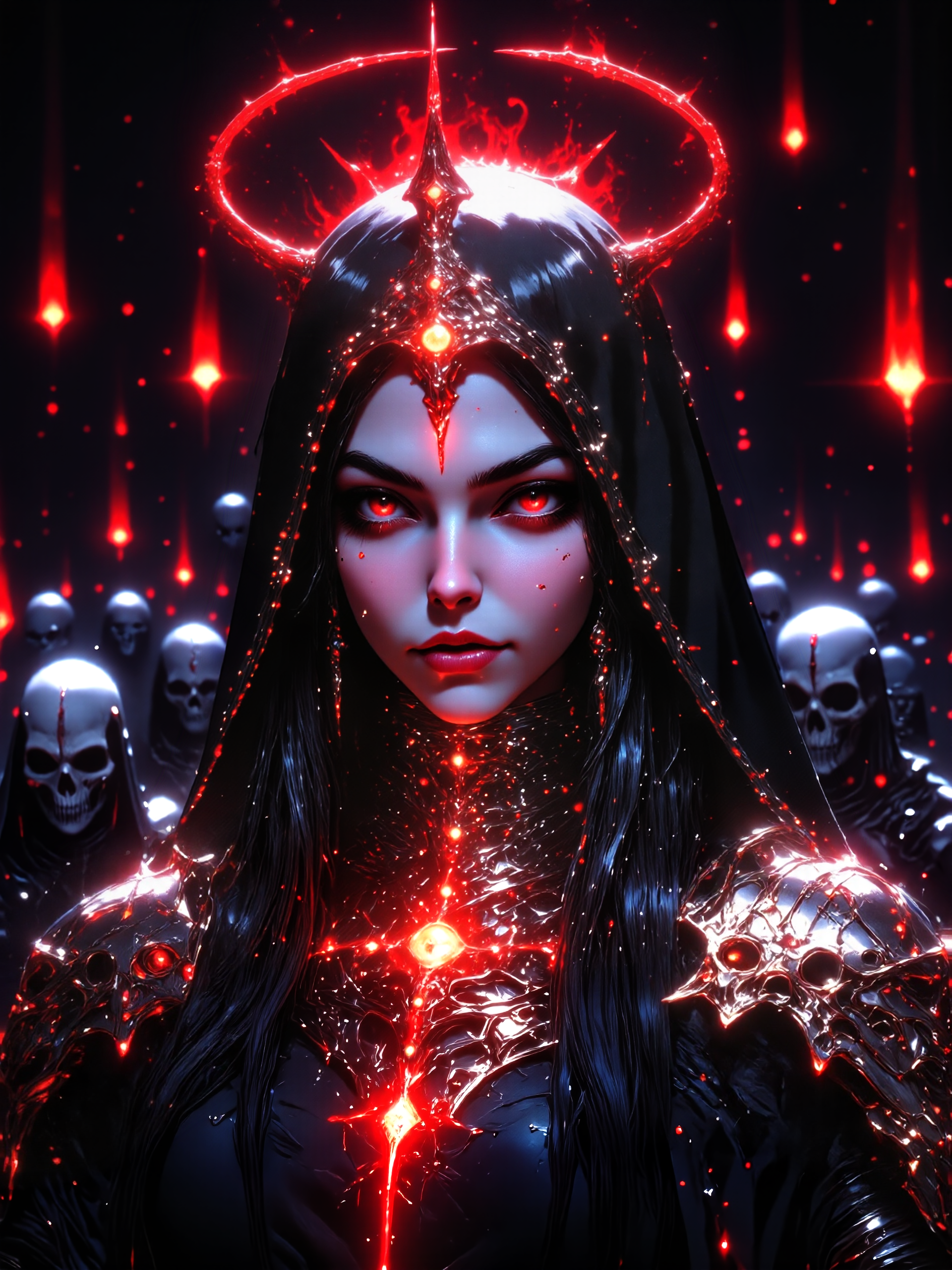 famous masterwork fantasy portrait of a beautiful female necromancer, highly aesthetic, hyper-realistic, photo-realistic, highly detailed, high resolution, 8k, 4k, epic, accurate, golden ratio, dramatic composition, at night, dim lighting, living in the night, 'neath devils torn asunder, you call on me to solve a crooked rhyme, as i'm closing in imposing on your slumber, you call on me as bells begin to chime, are you on the square? are you on the level?, are you ready to swear right here, right now before the devil?, bone-laden altar, crimson cultists, eye of the mind, bottomless abyss, mind-warping horror, color gradient, lovecraftian, cthulhu mythos, mythp0rt, hkdeath, <lora:style-mythic_fantasy-v2-flux-by_velvets:0.68> <lora:living_death-flux-by_hailoknight:0.92> <lora:epic_gorgeous_details-balance-flux-by_flyway:0.68> <lora:image_enhancer-flux-by_dever:0.68>